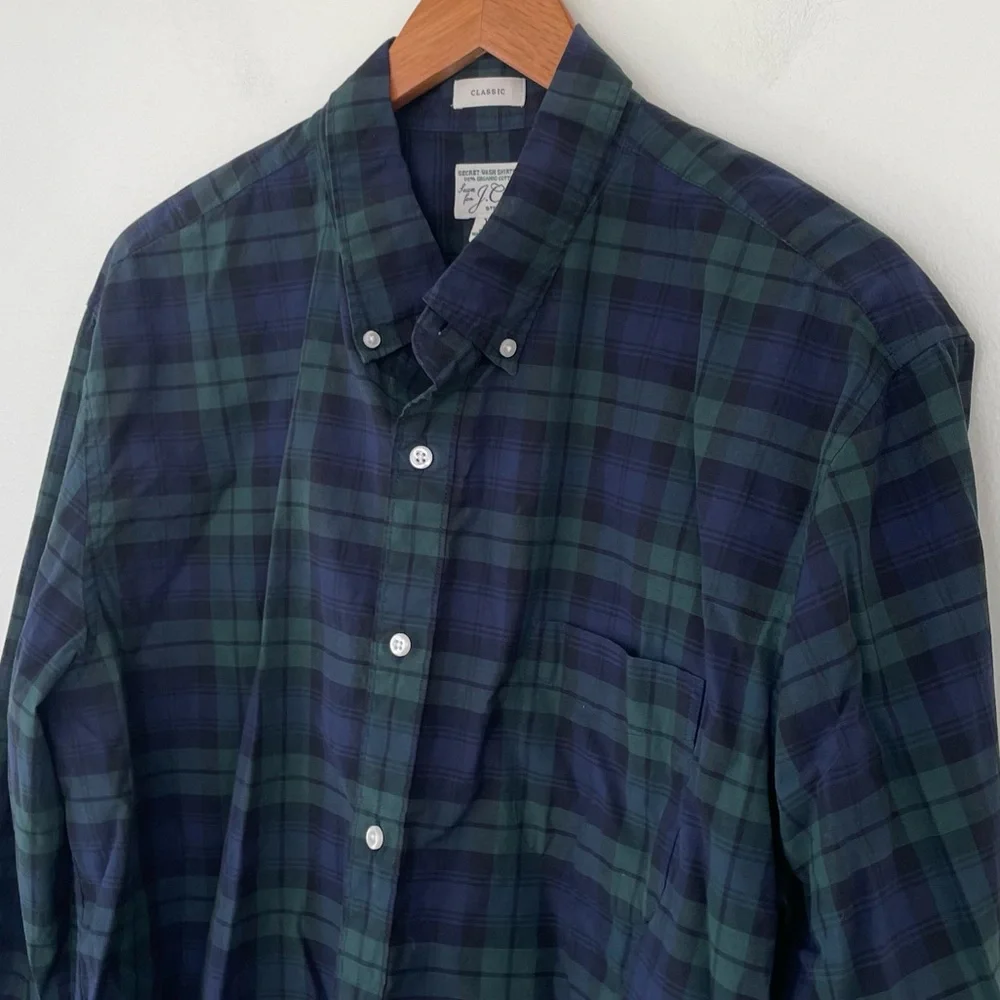 J Crew‎ Classic Fit Blackwatch Pattern Secret Wash Organic Poplin Shirt XL Green
